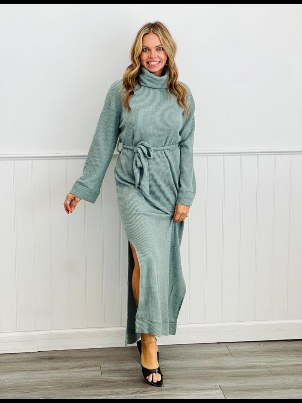 Scarlett Sage Green Turtleneck Knit Maxi Dress with Belt